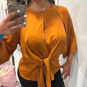 Fashion Nova Orange Tie Front 3/4 Sleeve Blouse